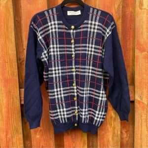 Burberry Blue and Red Cardigan with Classic Plaid Design